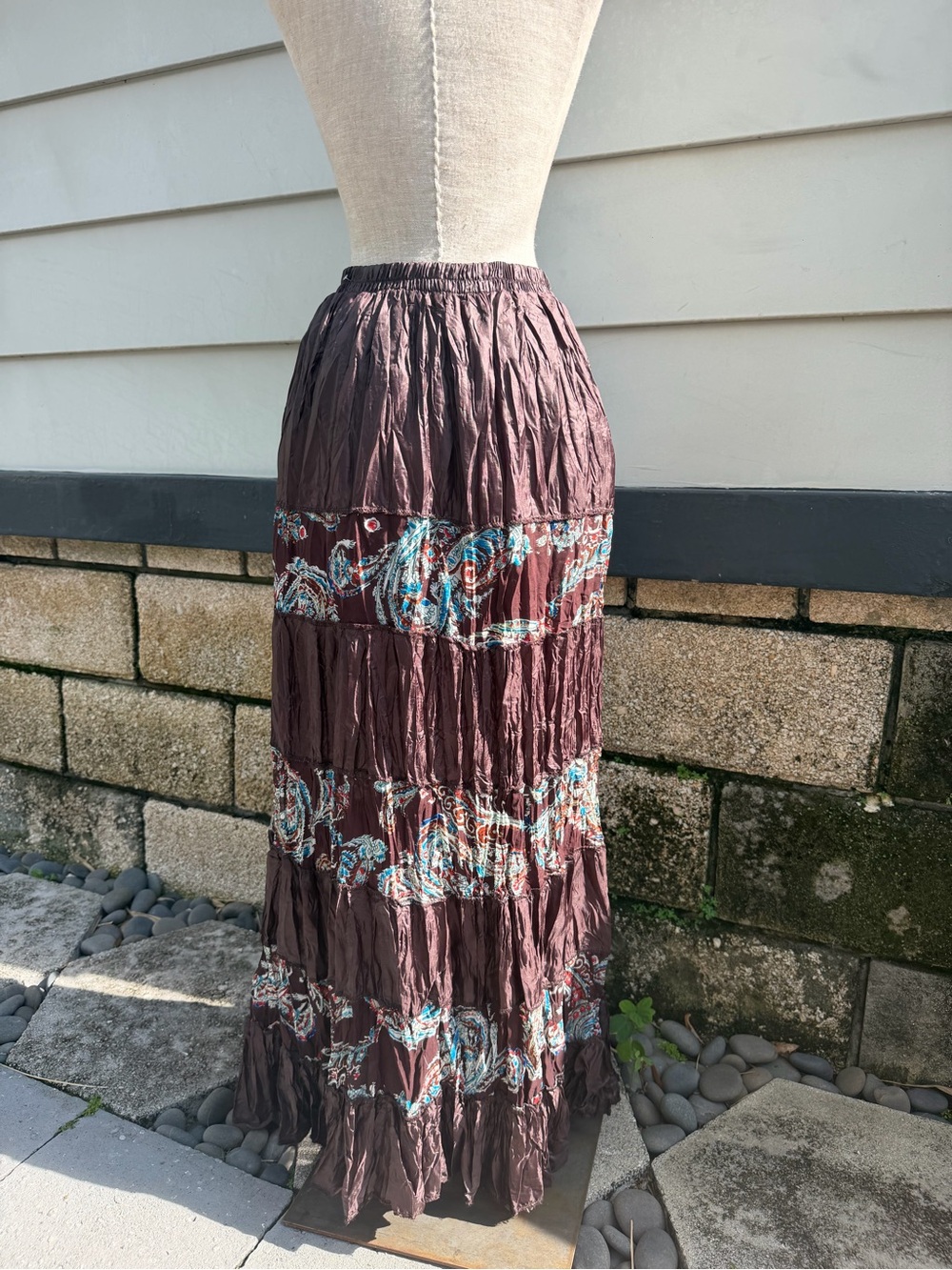 Bohemian y2k Crinkled Maxi Skirt in Deep Plum with Turquoise Paisley